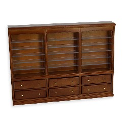 triple bookcase drawers walnut miniature 1:12