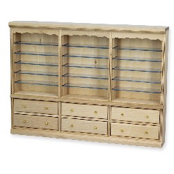 triple bookcase drawers bare wood miniature 1:12