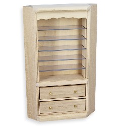 corner bookcase drawers bare wood miniature furniture 1:12
