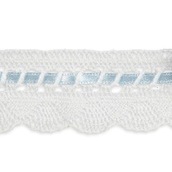 white lace curtain w. blue satin ribbon for dollhouses 1:12