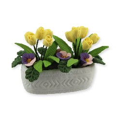 yellow flowers arragement in white pot miniature 1:12, Garden